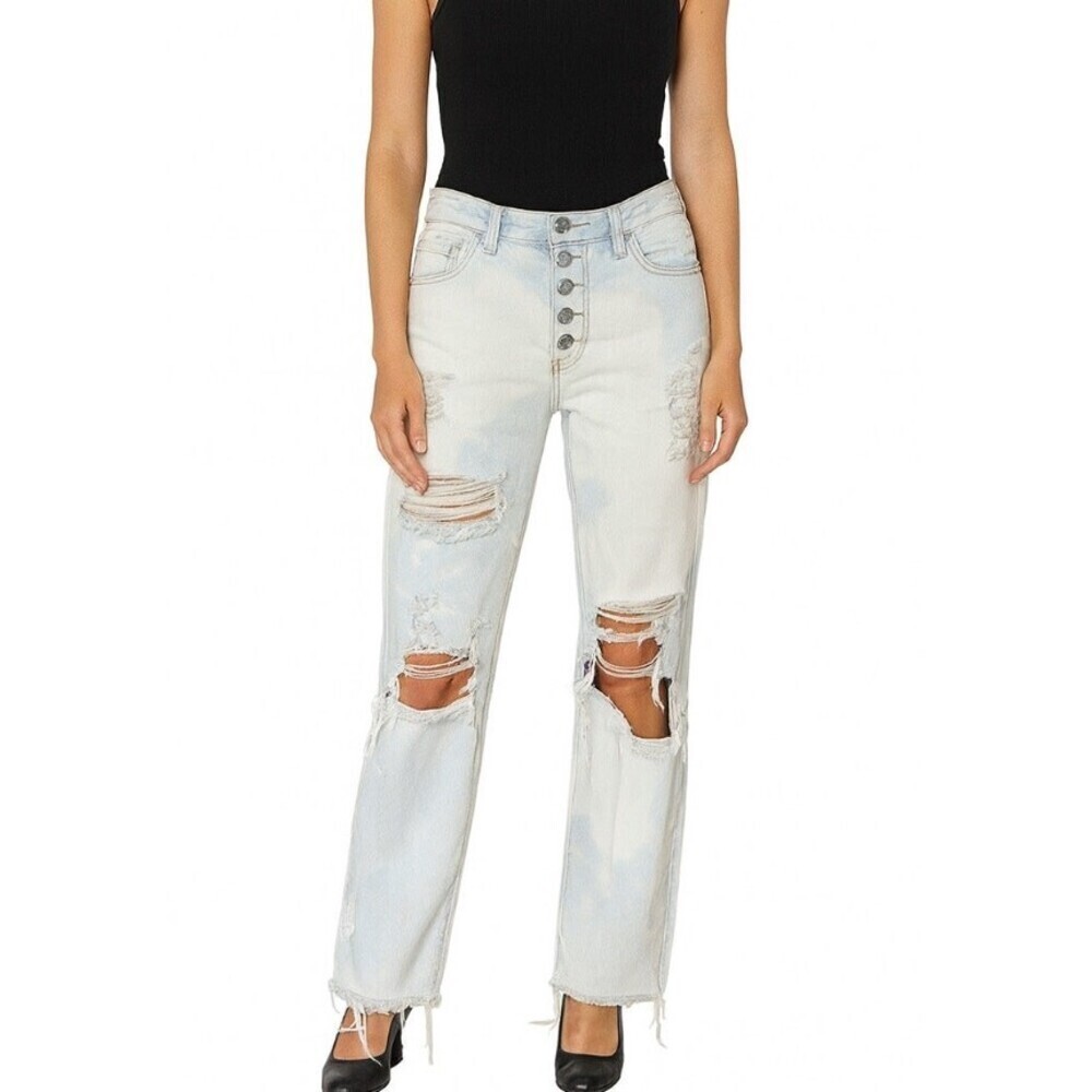 PacSun High Rise straight jeans 5 button up SZ 24" DIY bleached distressed holey